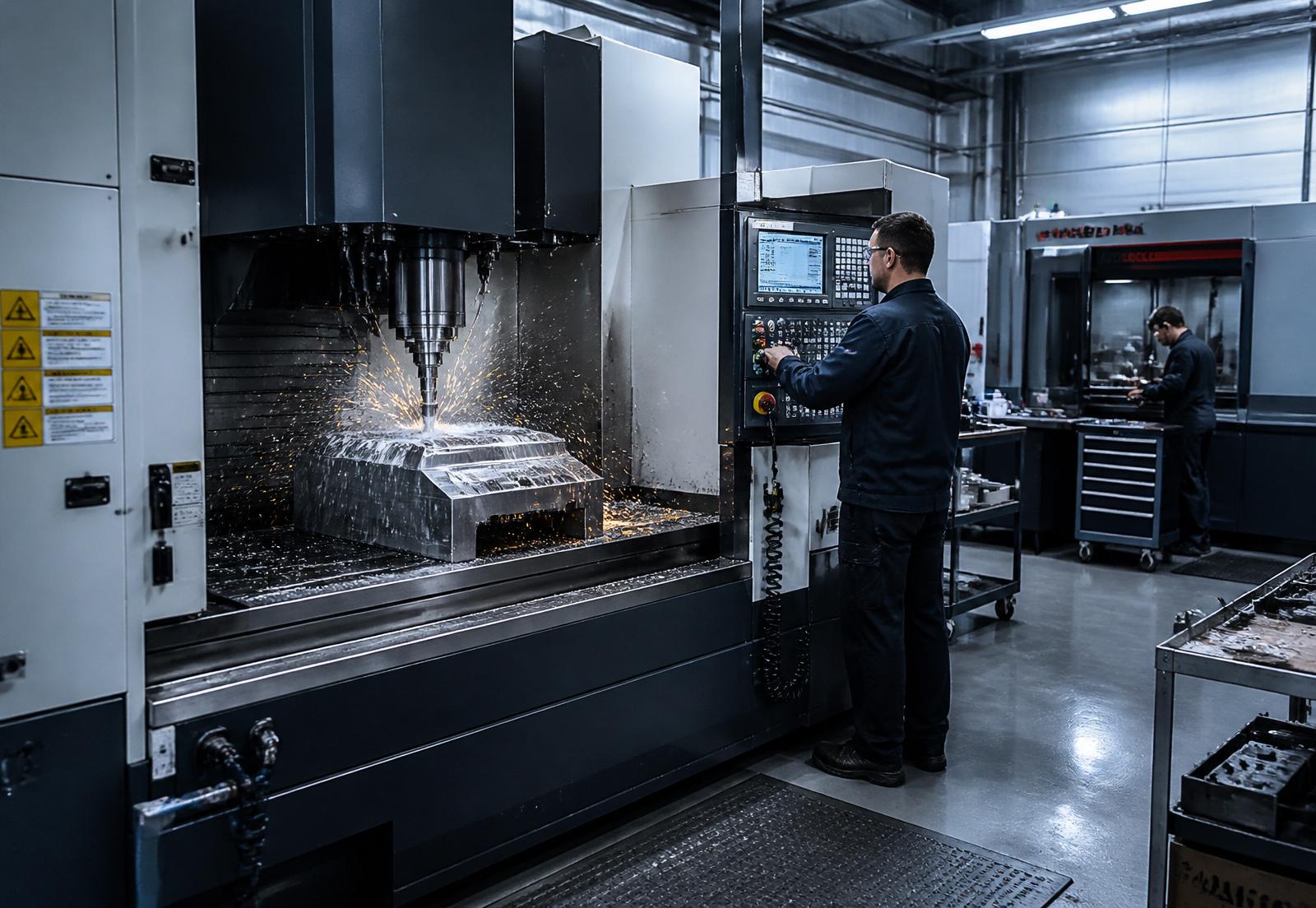 CNC machining centre cutting a precision patch mold while an operator monitors the control panel